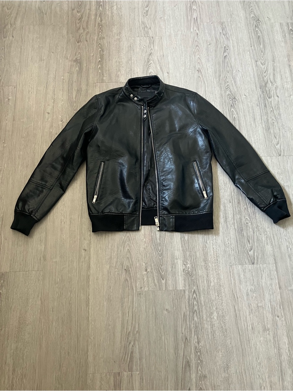 Zara Black Faux Leather Bomber Jacket with Ribbed Trim